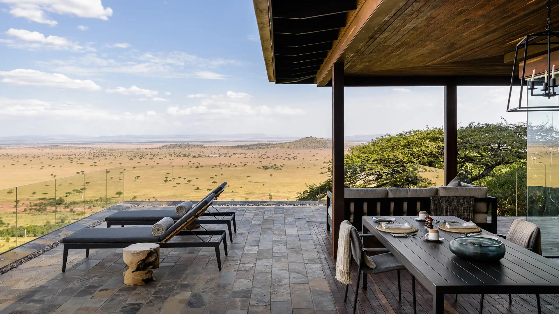 Modern outdoor dining with scenic view